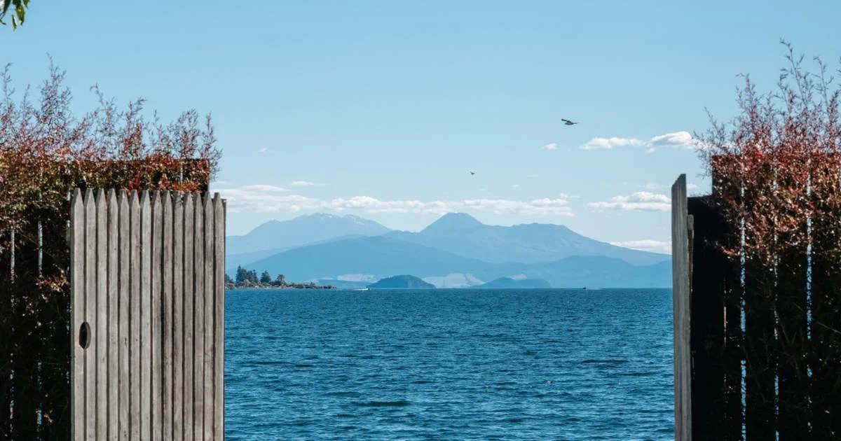 Open gate with water and mountains in the background, and a bird flying in the sky.