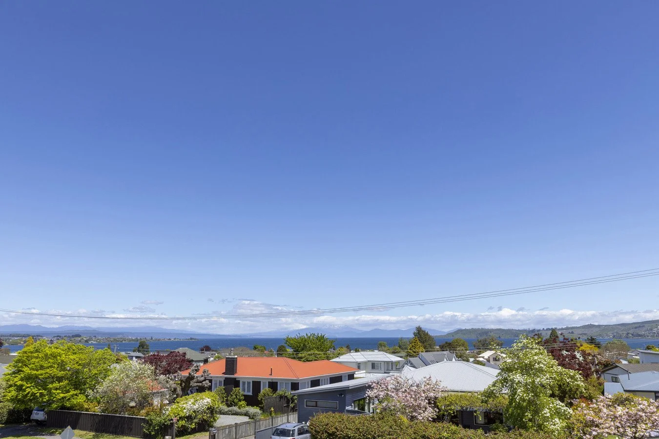 A suburban neighborhood with houses, trees, and a view of a body of water and mountains in the distance under a bright blue sky.
