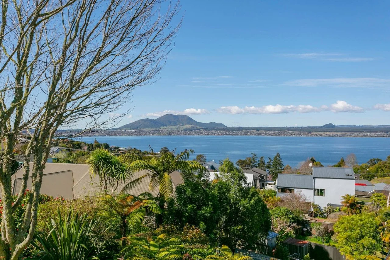 View of a lake with mountains in the background, residential houses in the foreground, and greenery including trees and shrubs, under a clear blue sky.