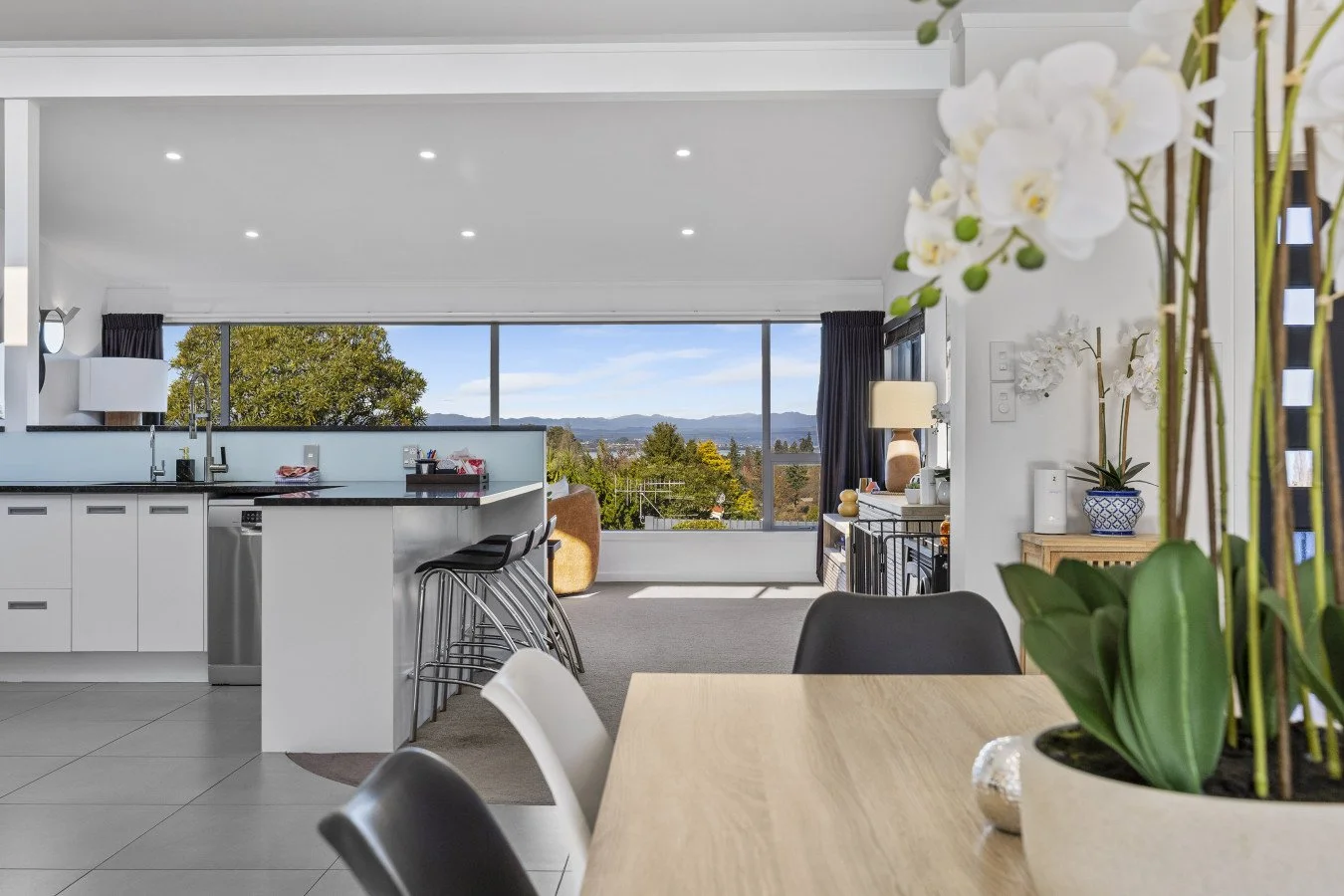 Modern open-plan living space with kitchen, dining, and living area, large window view of trees and mountains, white walls, decor and plants.