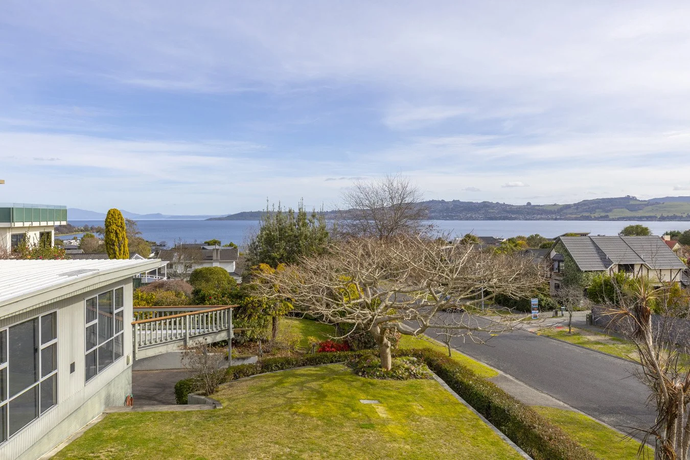 View of a suburban neighborhood and a lake with hills in the distance, a leafless tree in the foreground, and houses along the street.