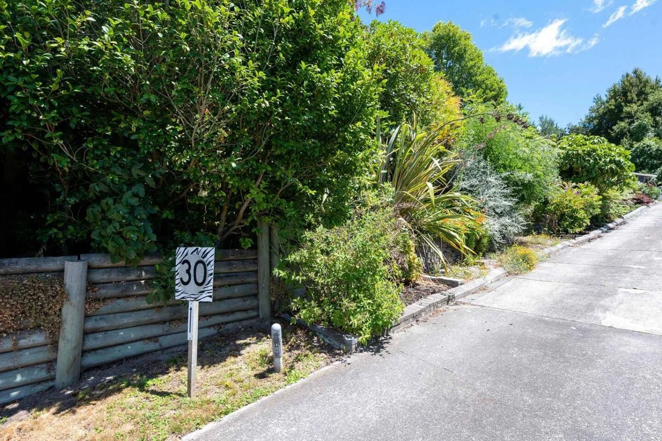 Residential street with lush green bushes and trees, a zebra-patterned 30 mph speed limit sign, and a concrete sidewalk under a clear blue sky.