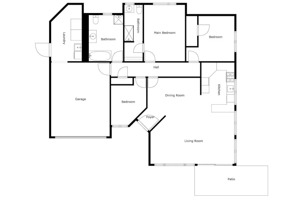 Floor plan of a house showing a living room, dining room, kitchen, three bedrooms, two bathrooms, laundry room, garage, foyer, hall, and patio.