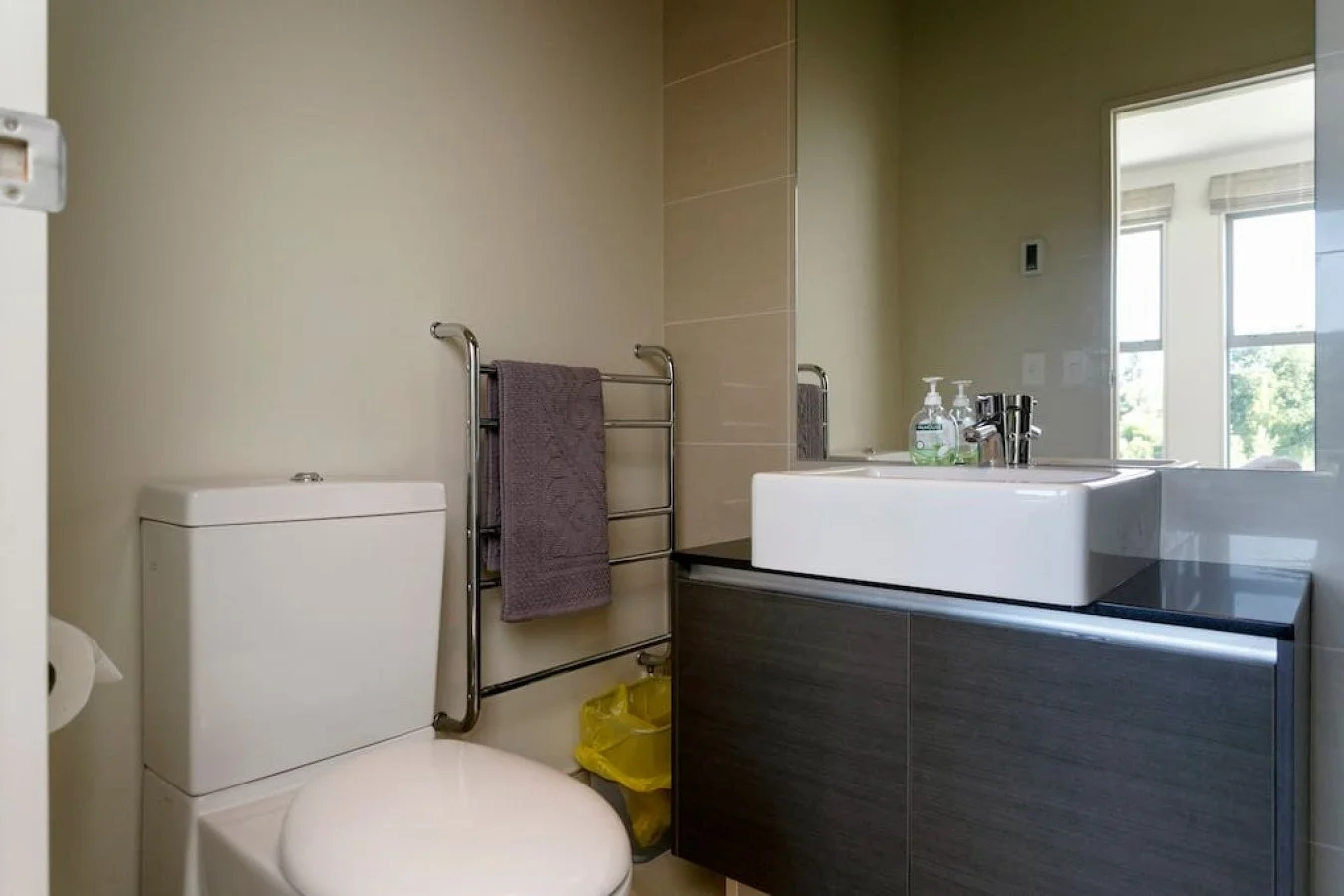 Bathroom with a white toilet, a dark cabinet with a sink, a large mirror, a towel rack with a purple towel, and hand soap bottles. Window reflection shows outdoor scenery.