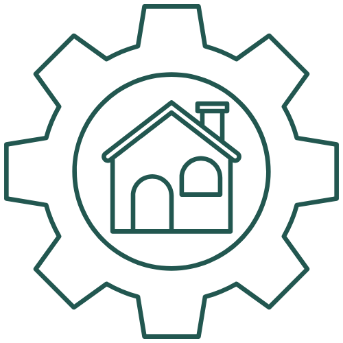 Icon of a house inside a gear shape, symbolizing home maintenance or repair services.