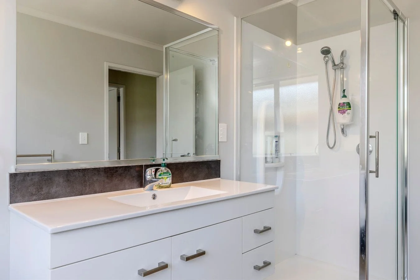Modern bathroom with a white vanity, large mirror, and glass shower enclosure with a showerhead and soap dispenser.