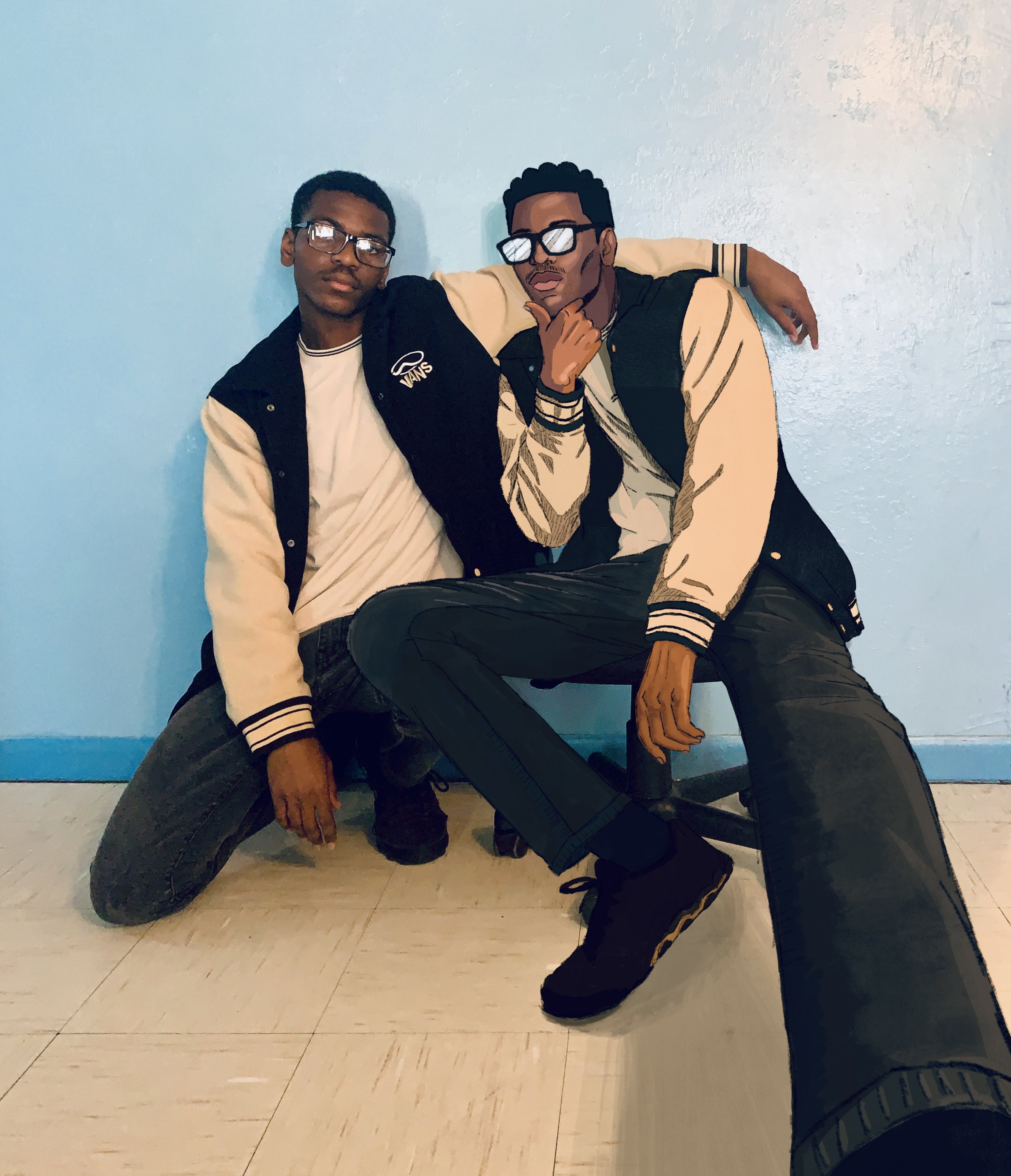 Photo of me posing with a drawn version of myself - 2024 (Adobe Photoshop)