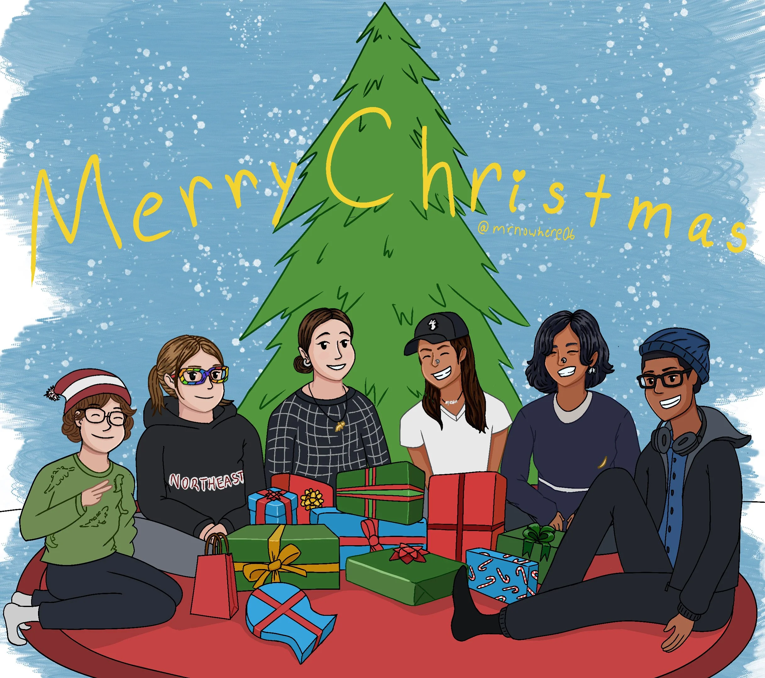 Drawing of my college friend group celebrating Christmas together - 2024 (Procreate)