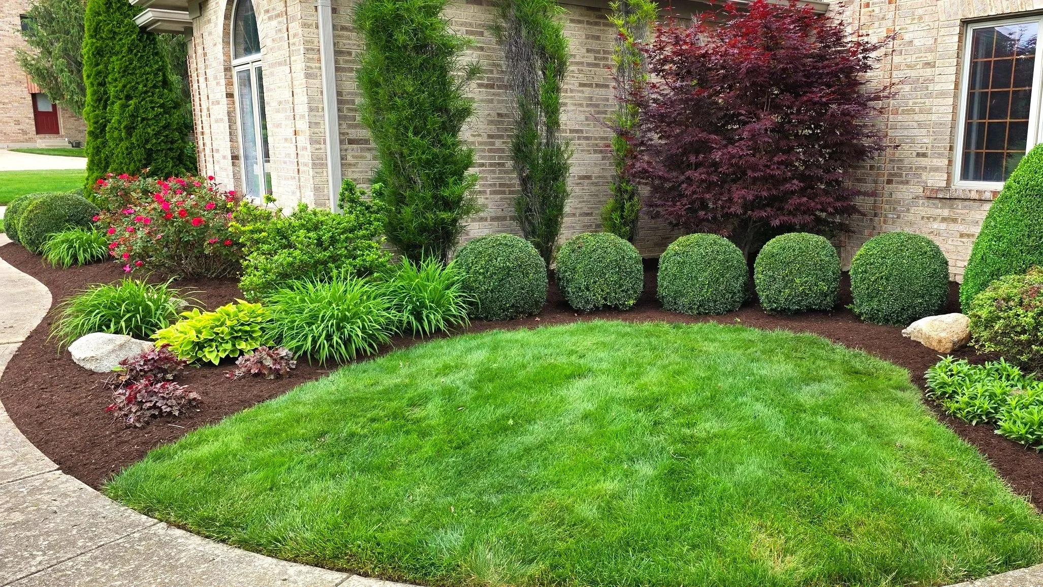 Neatly landscaped front yard with a curved walkway, lush green grass, various bushes and plants, including topiary bushes, a small red-leafed tree, and flowering bushes, with a brick house in the background.
