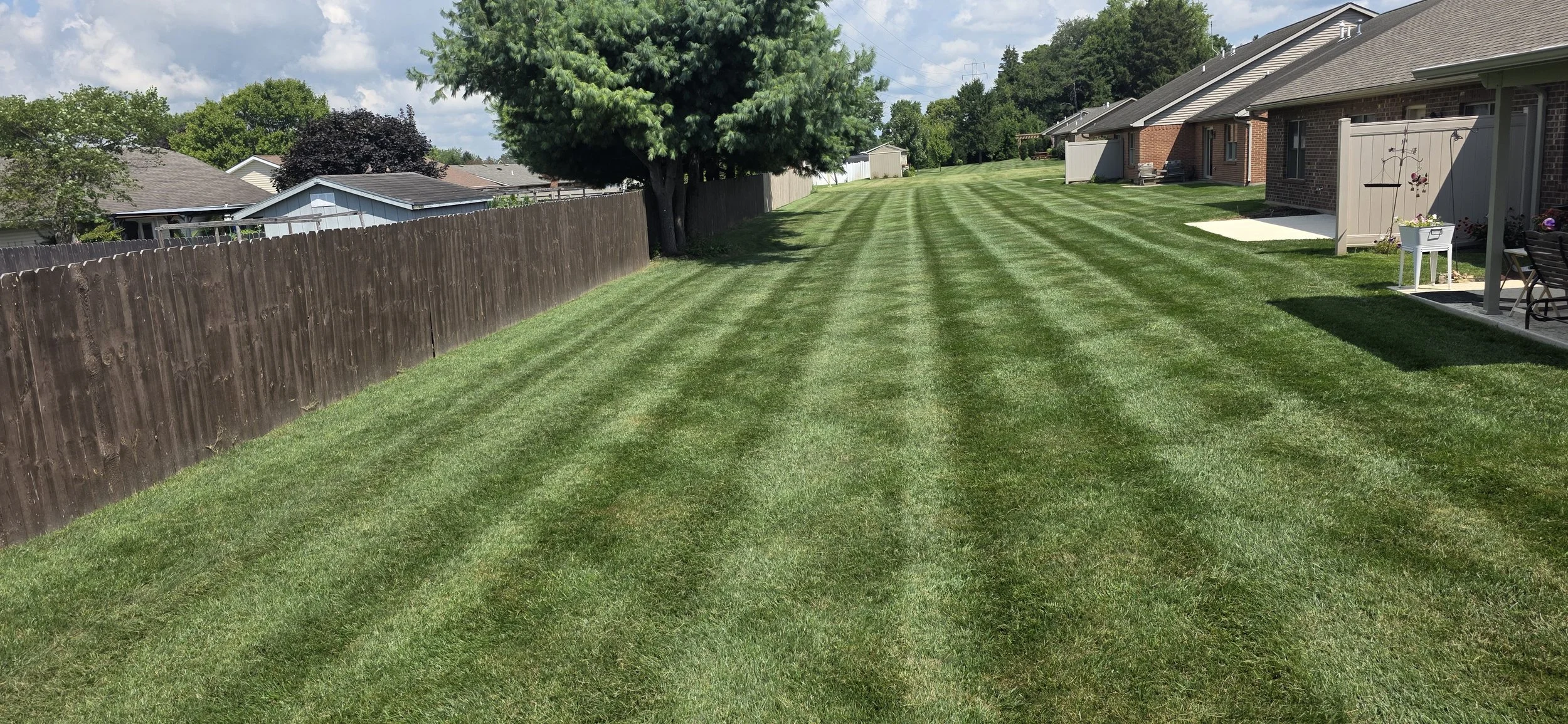 A backyard with freshly mowed grass in striped pattern, bordered by a wooden fence on the left and houses with patios on the right, under a partly cloudy sky with trees in the background.