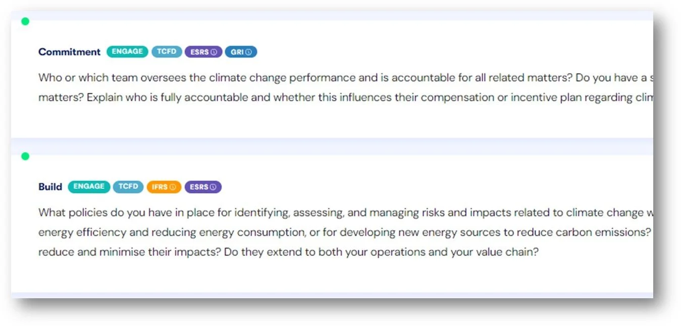 Screenshot fromt he Speeki Engage platform of a digital document with questions about climate change policies and team responsibilities, with colored tags for engagement and topic categories.