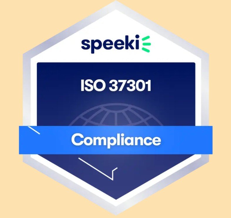 A badge with the logo of Speki at the top, containing the text "ISO 37301" and "Compliance" on a blue background, indicating compliance with ISO 37301 standards.