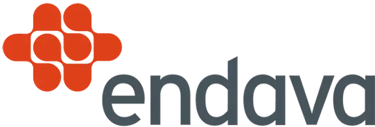 Endava logo, consisting of a red hexagonal shape with circles inside, followed by the word 'endava' in lowercase gray and blue letters.