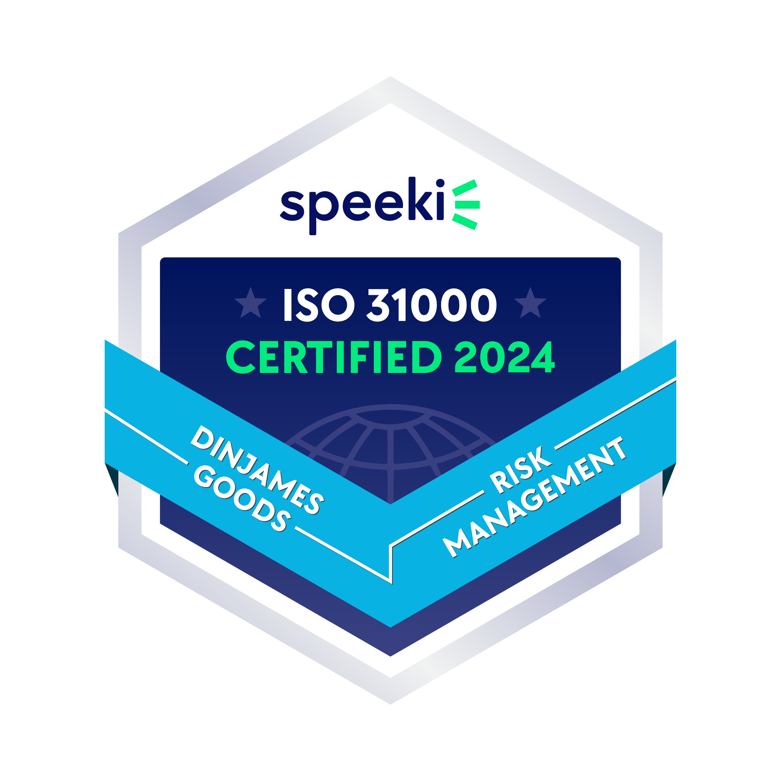 Certification badge for ISO 31000 Risk Management, issued by Speeki in 2024. The badge features a hexagonal shape with blue and white colors, with the Speeki logo at the top and text indicating ISO 31000 certification, Good Practices, and Risk Management.