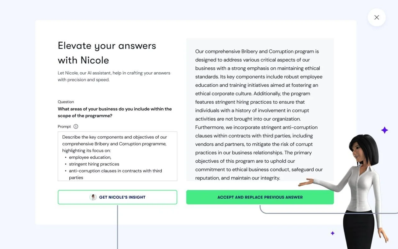A computer screen displaying a program about corporate ethics and anti-corruption, with a virtual female avatar on the right side pointing towards a green button labeled 'Accept and Replace Previous Answer.' The screen includes sections about the program's components and a prompt to get insights from Nicole, an AI assistant.