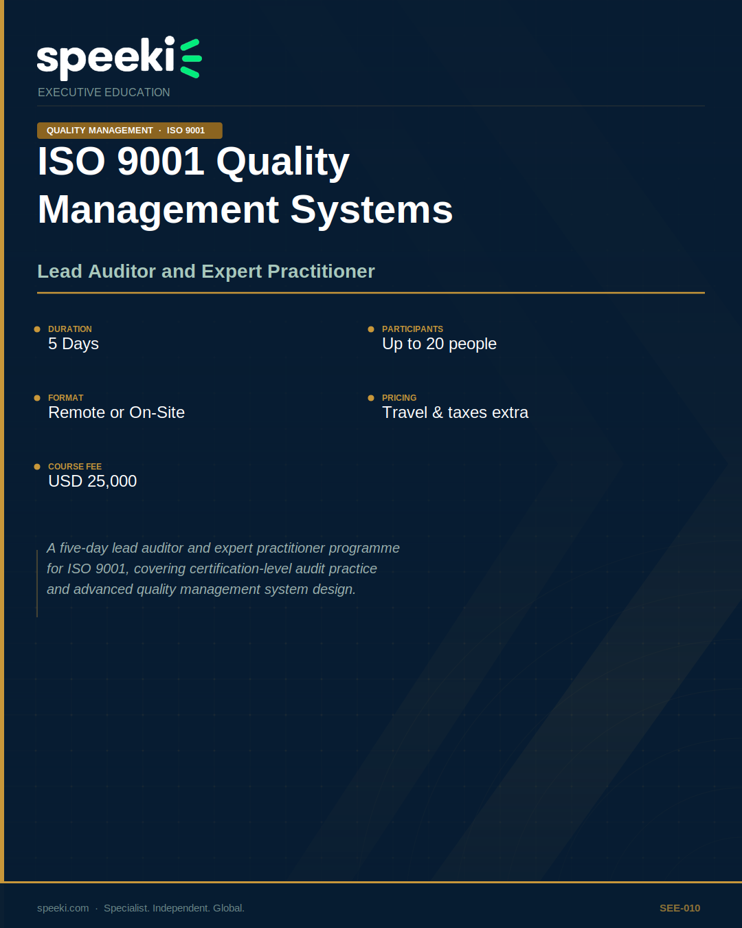ISO 9001 Quality Management Systems — Lead Auditor and Expert Practitioner