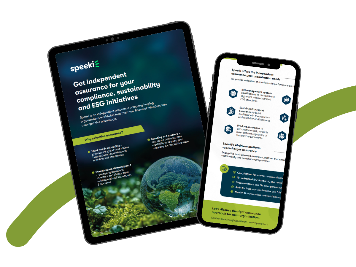 Two smartphones displaying informational screens about independent assurance and ESG compliance, with a green curved graphic element in the background.