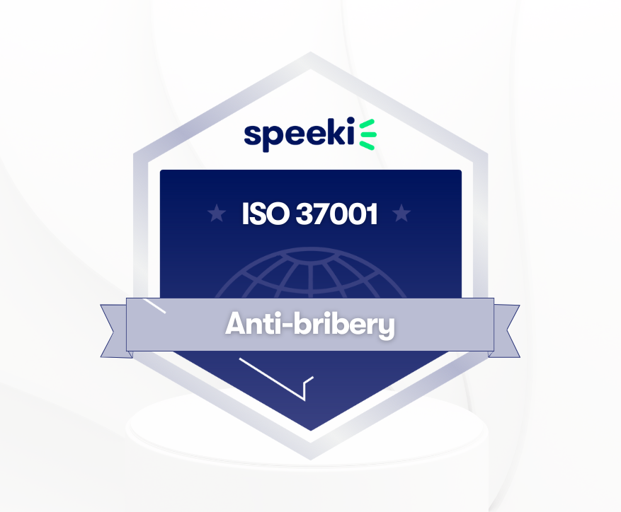 Badge with the text 'speeki', 'ISO 37001', and 'Anti-bribery' indicating certification for anti-bribery standards.