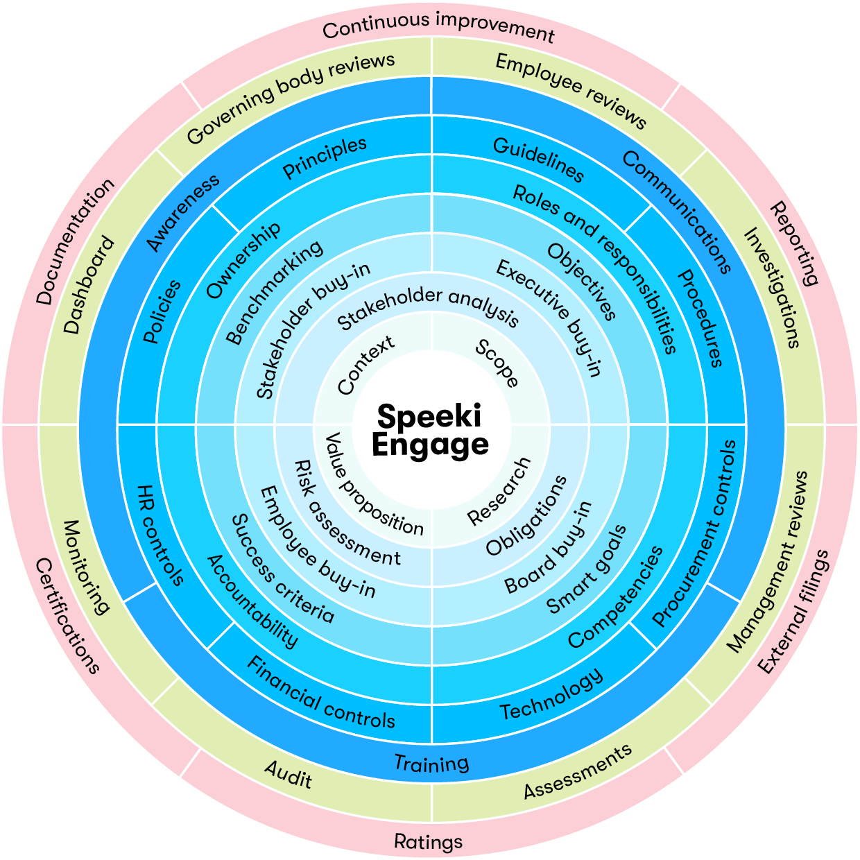 A circular diagram illustrating the components of Speki Engage, a process for continuous improvement, with inner to outer rings labeled with topics including context, scope, stakeholder analysis, value proposition, risk assessment, and various review and control processes.