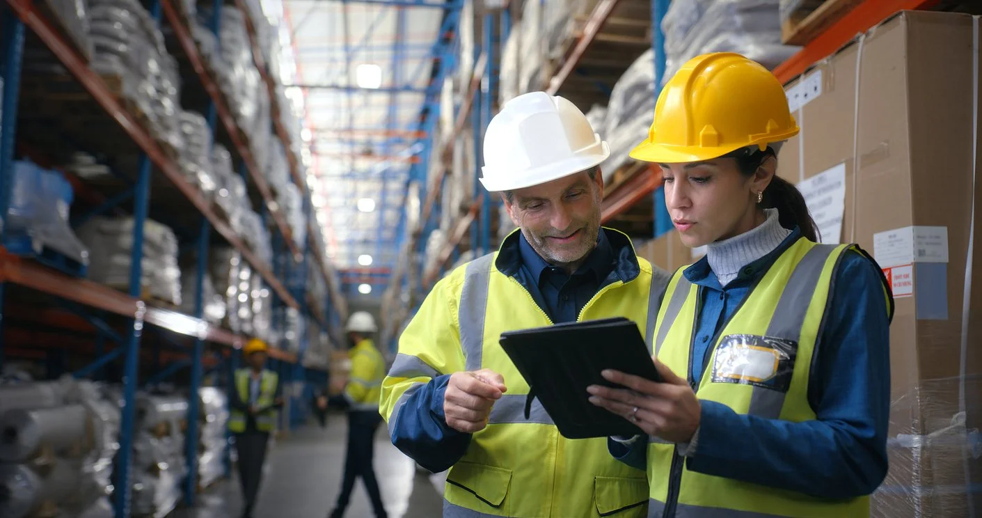 Two warehouse workers wearing yellow safety vests and helmets reviewing a clipboard in a large warehouse aisle with shelves stocked with boxes and other materials.