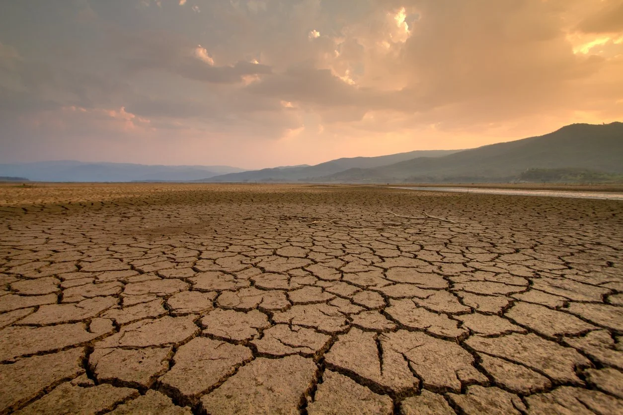 Dry, cracked earth in a barren landscape with distant mountains and a cloudy sky at sunset.