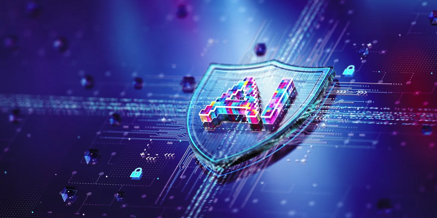 Digital illustration of a shield with a pixelated letter 'A' in colorful pixels, representing cybersecurity or digital protection, surrounded by circuits and lock icons.