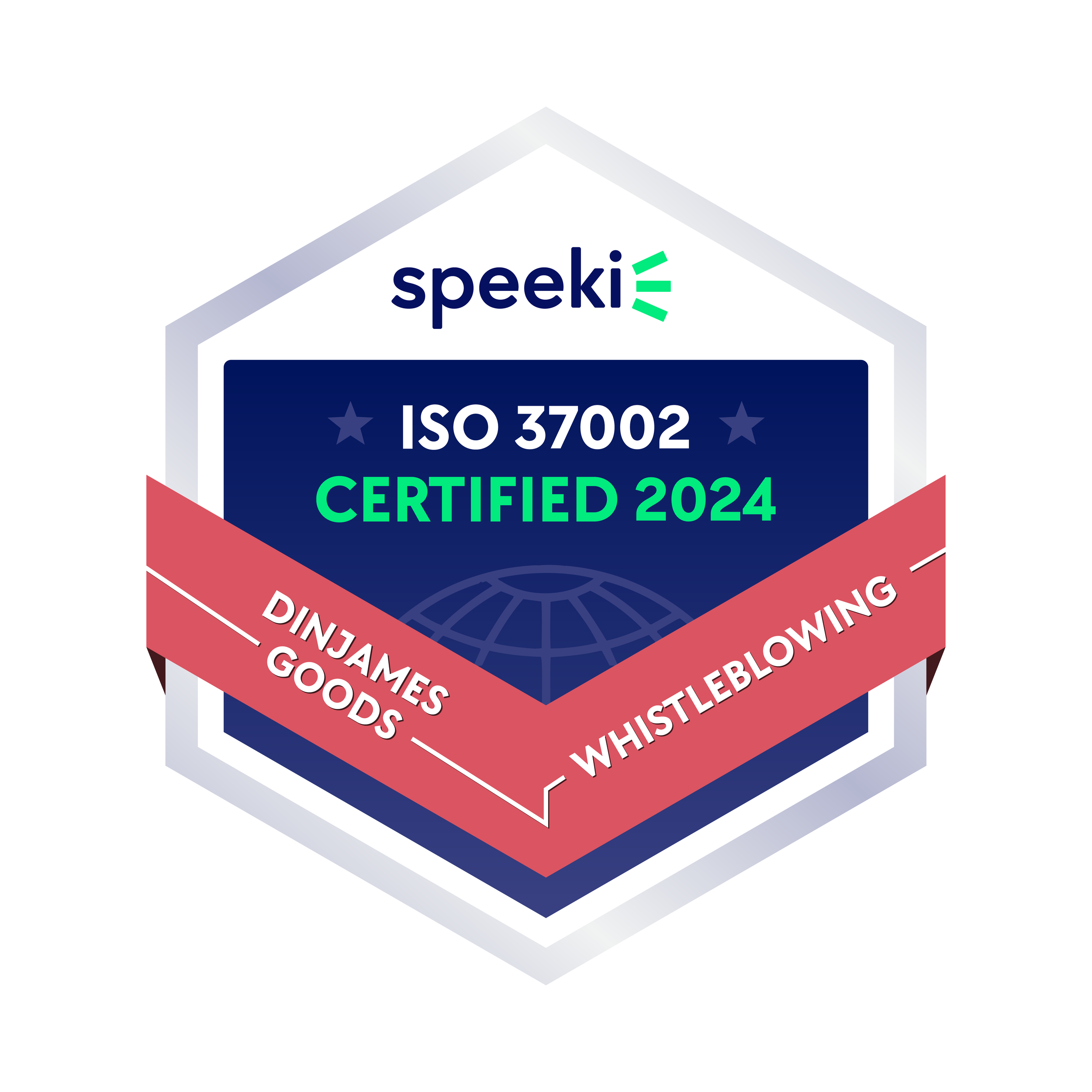 Certification badge for Speeki with the text ISO 37002 Certified 2024, including logos and the names 'Dinjames Goods' and 'Whistleblowing'.