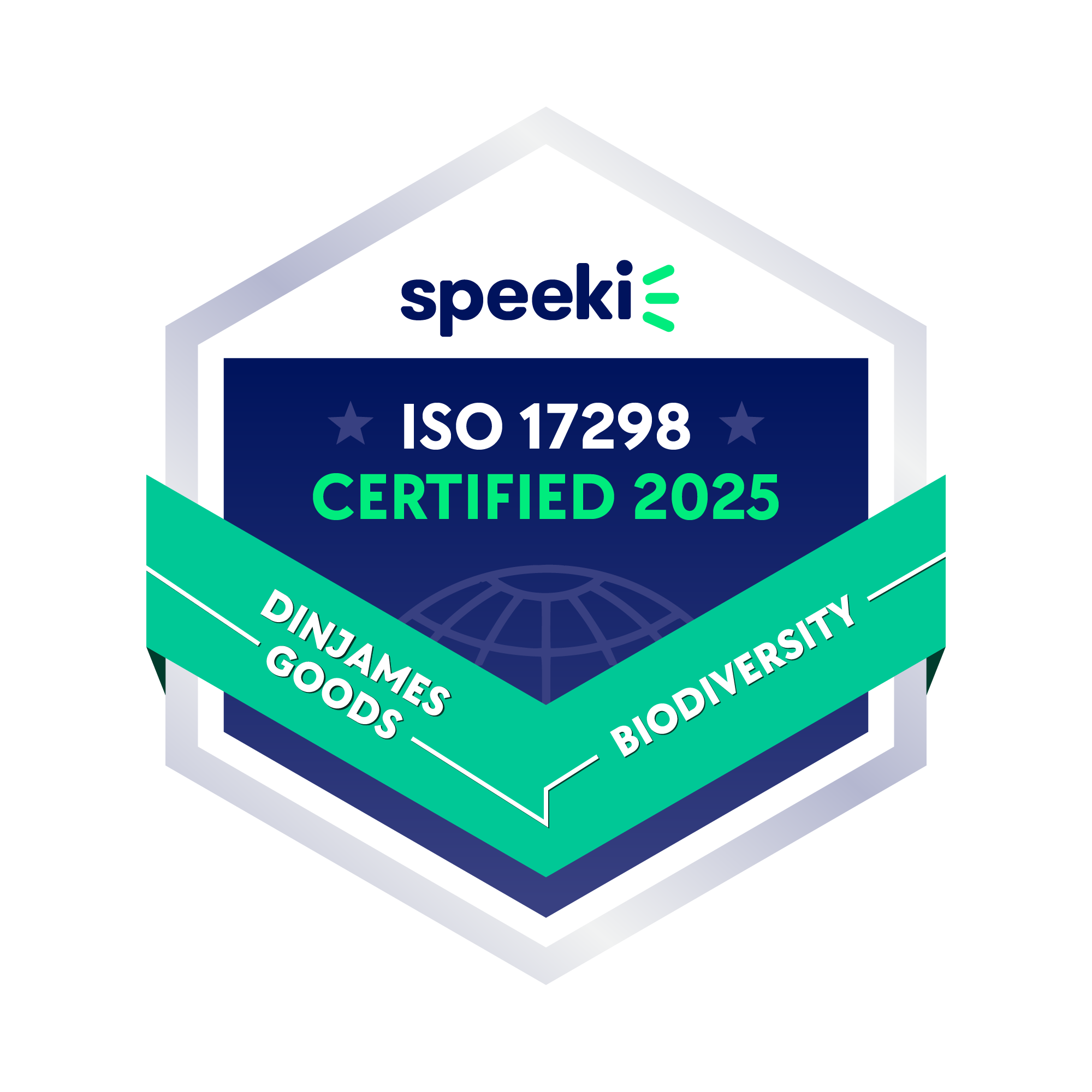 A badge indicating ISO 17298 certification, certified in 2025, with themes of biodiversity, Indigenous goods, and diversity.