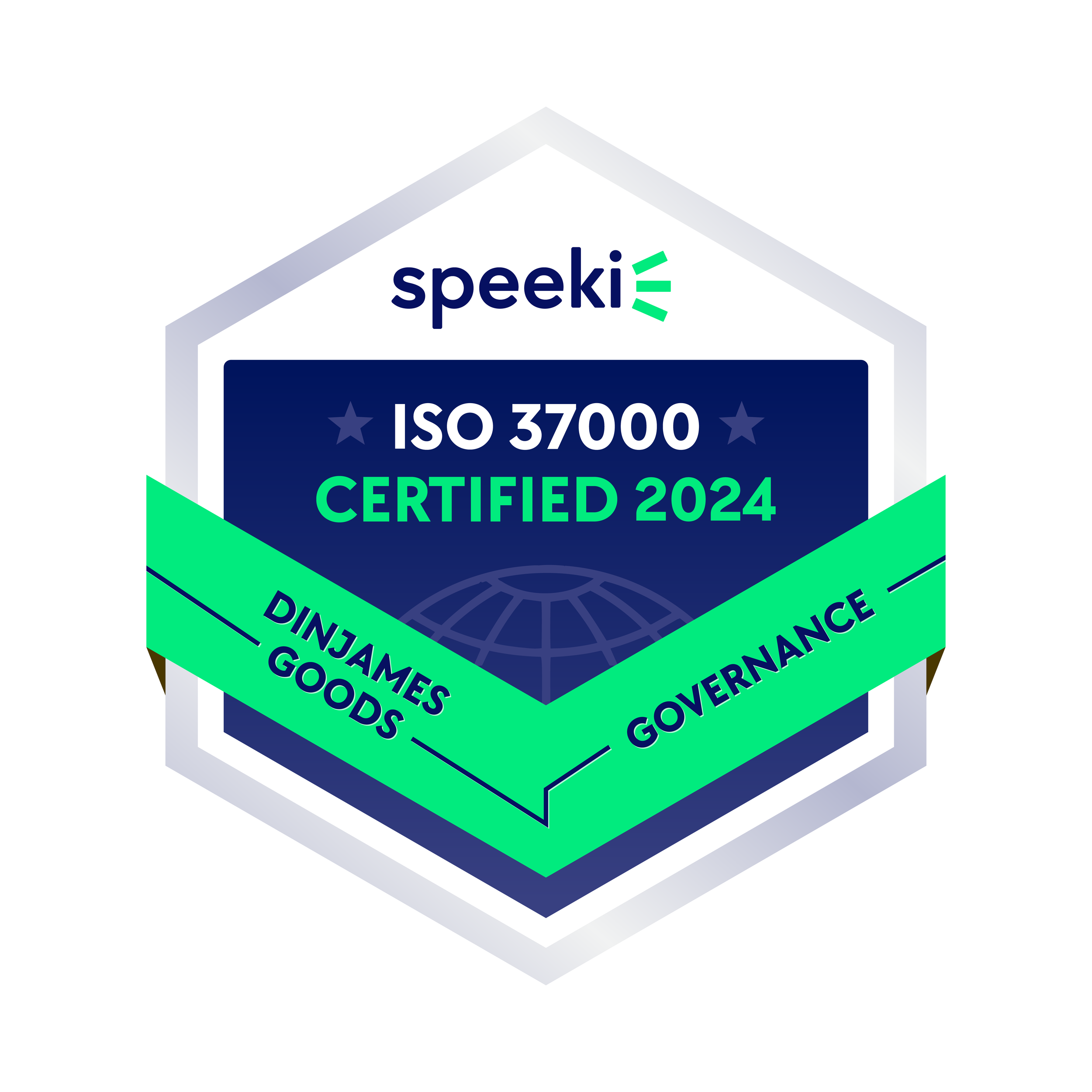 A badge with a hexagonal shape featuring the text 'speeki' at the top, 'ISO 37000' and 'Certified 2024' in the center, and a green ribbon along the bottom with the words 'Dinjames Goods' and 'Governance'.