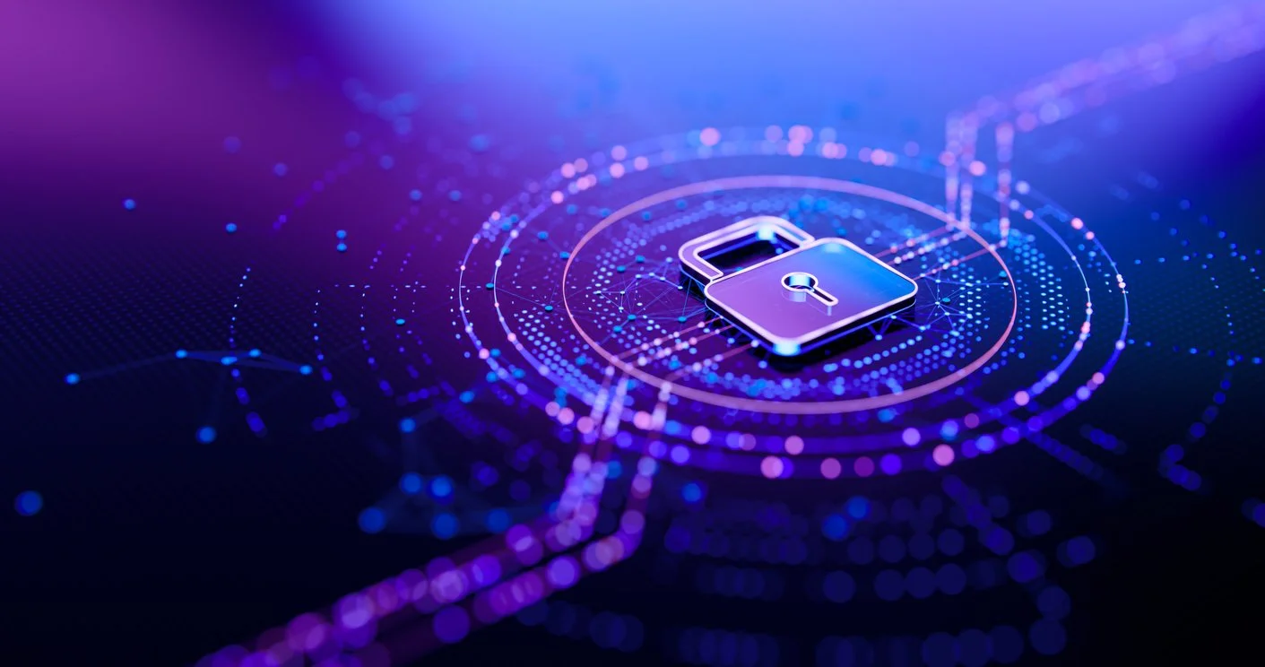 Digital illustration of a lock surrounded by glowing data points and circular patterns, symbolizing cybersecurity.
