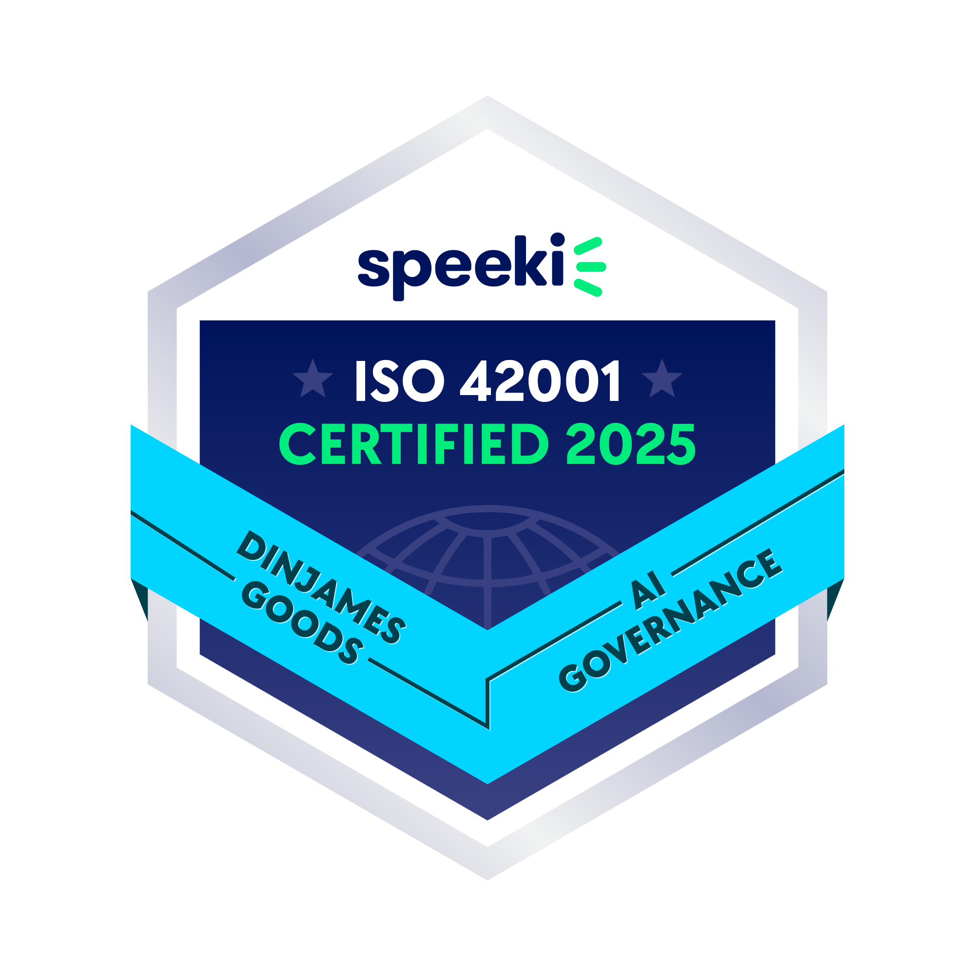 Certification badge for Speeki, indicating ISO 26000 certification in 2024, with social compliance and goods description, featuring a hexagonal design and a gold ribbon.