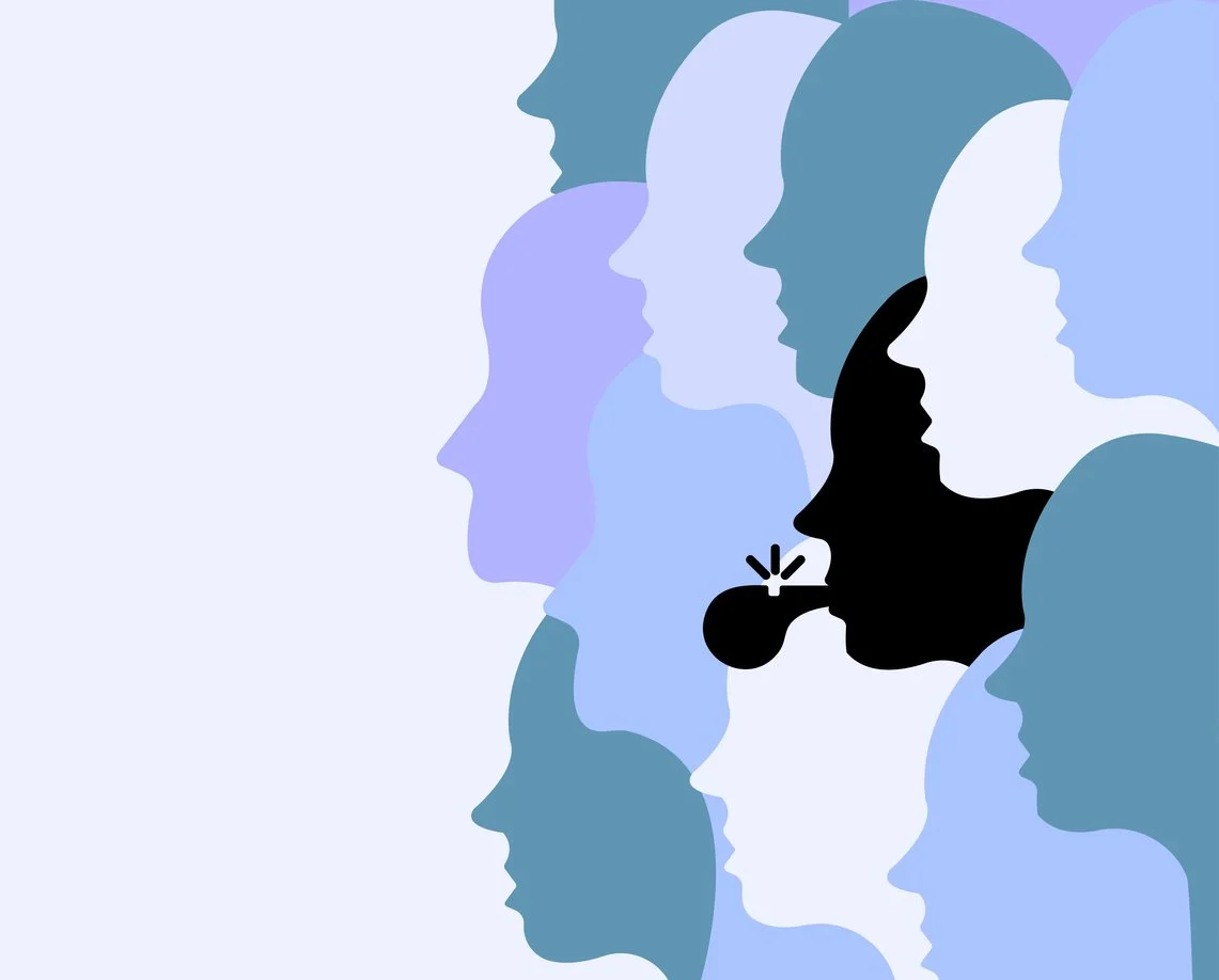 Multiple overlapping silhouettes of human faces in shades of blue, gray, and black, with one black silhouette smoking a pipe.