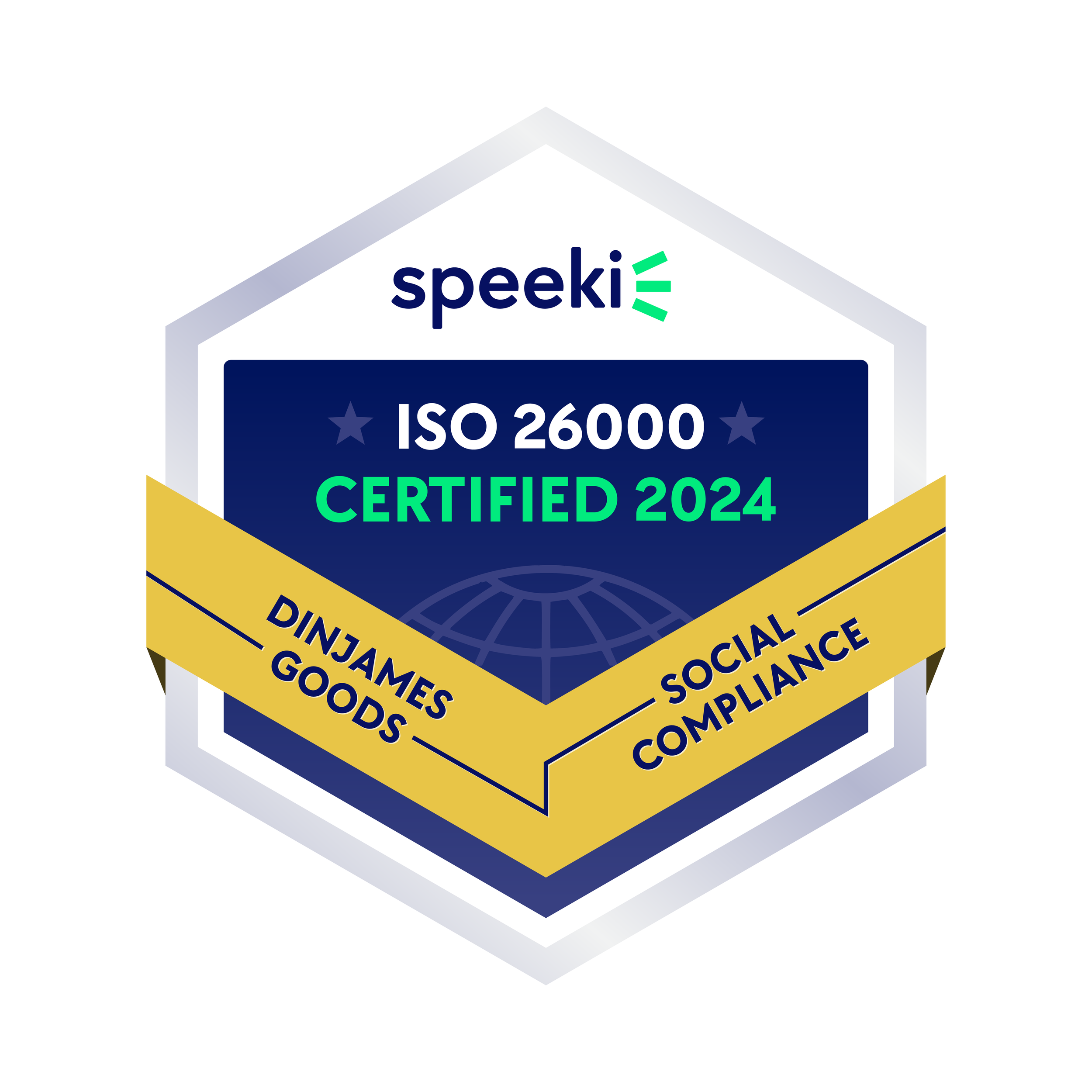 Certification badge for Speeki, indicating ISO 26000 certification in 2024, with social compliance and goods description, featuring a hexagonal design and a gold ribbon.