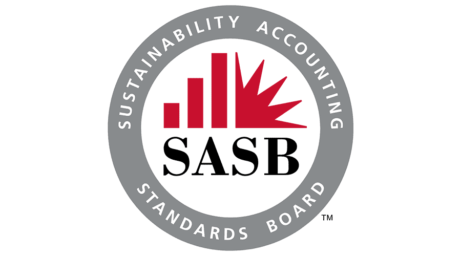 Logo of SASB with a grey circular border containing white text: 'Sustainability Accounting Standards Board'. Inside the circle, the acronym 'SASB' in black letters underneath a red bar chart with four ascending bars and a red starburst.