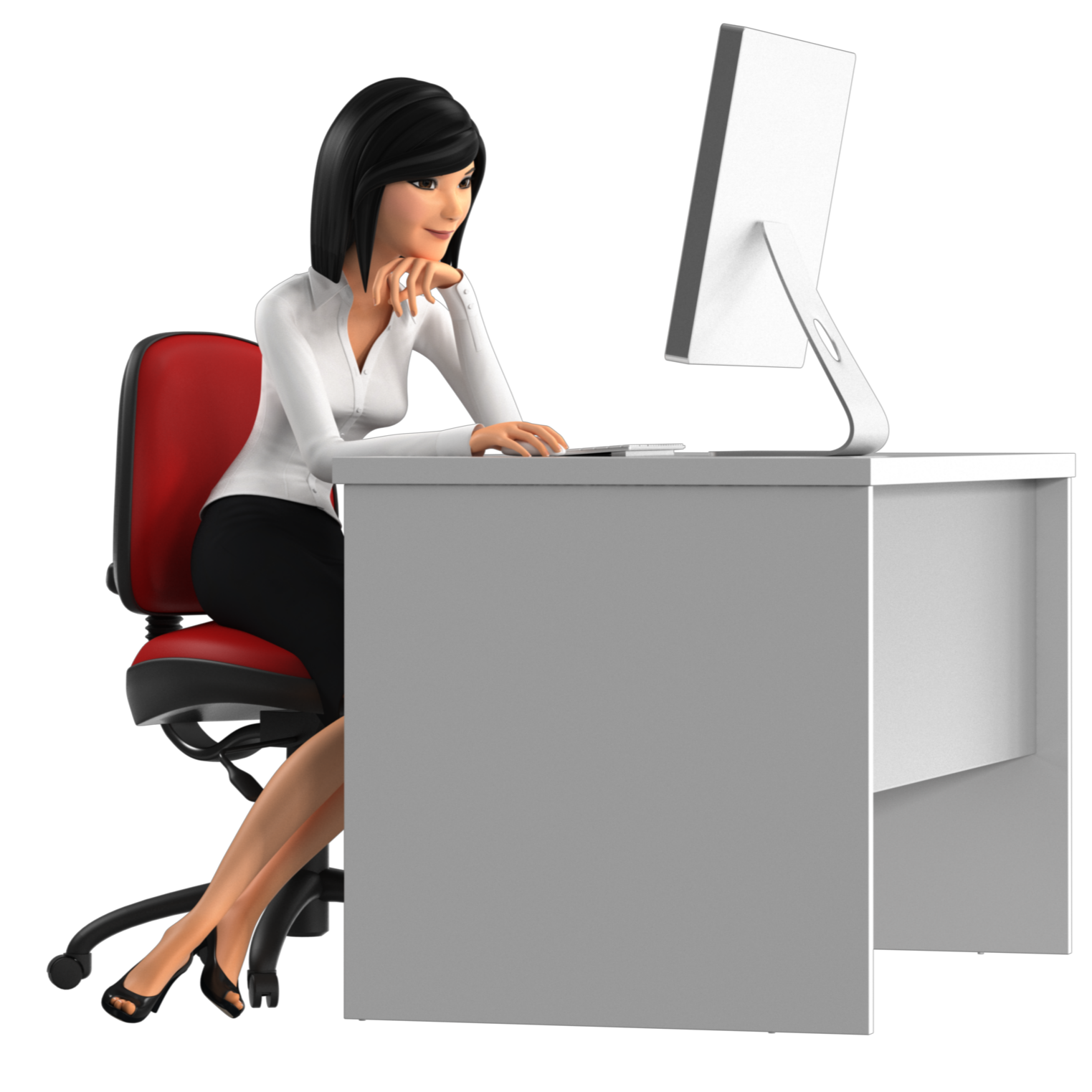 Cartoon woman sitting at a white desk, looking at a computer monitor with a thoughtful expression, against a black background.
