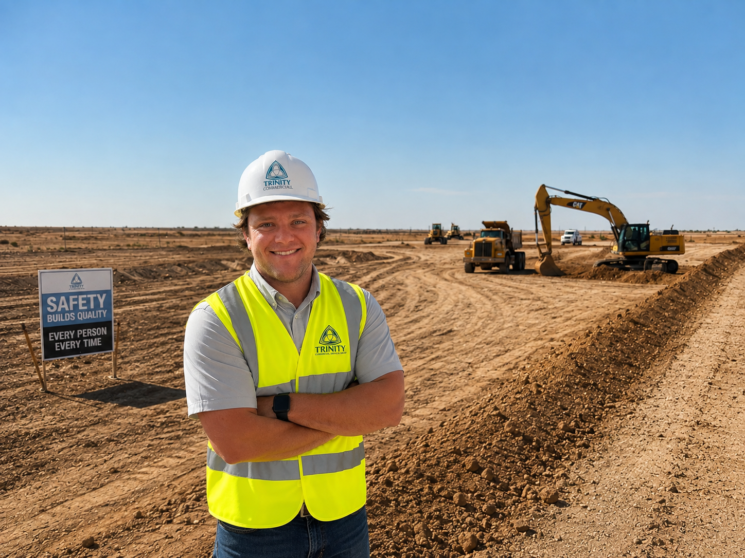 A man in a safety helmet and high-visibility vest smiling with crossed arms at a construction site with earth-moving equipment and a sign that reads 'Safety Builds Quality, Every Person Every Time'.