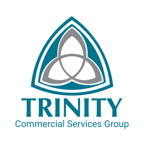 Logo of Trinity Commercial Services Group with a stylized triangular symbol and blue text.