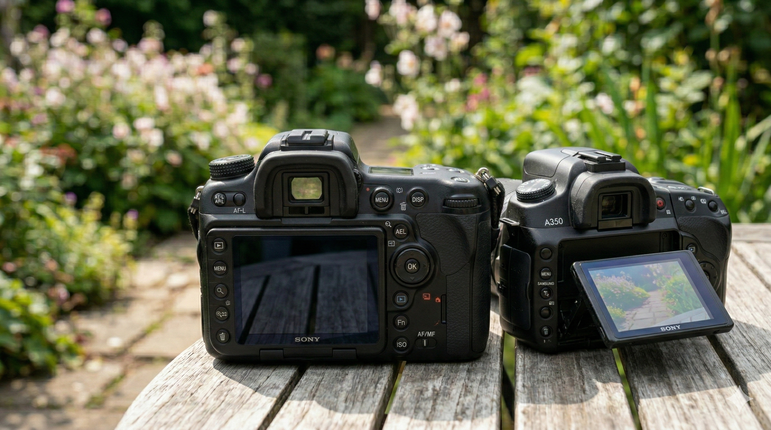 Sony Alpha A700 and Sony A350 side by side showing the rear of both cameras, with the A350 flip screen extended