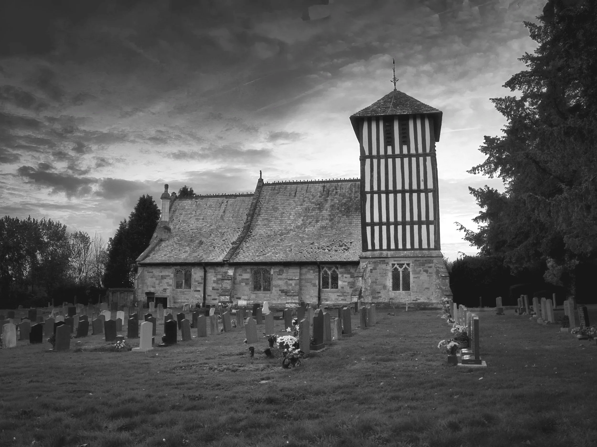 Black and white image of the church at stretton sugwas in herefordshire, shot on an old kodak box brownie