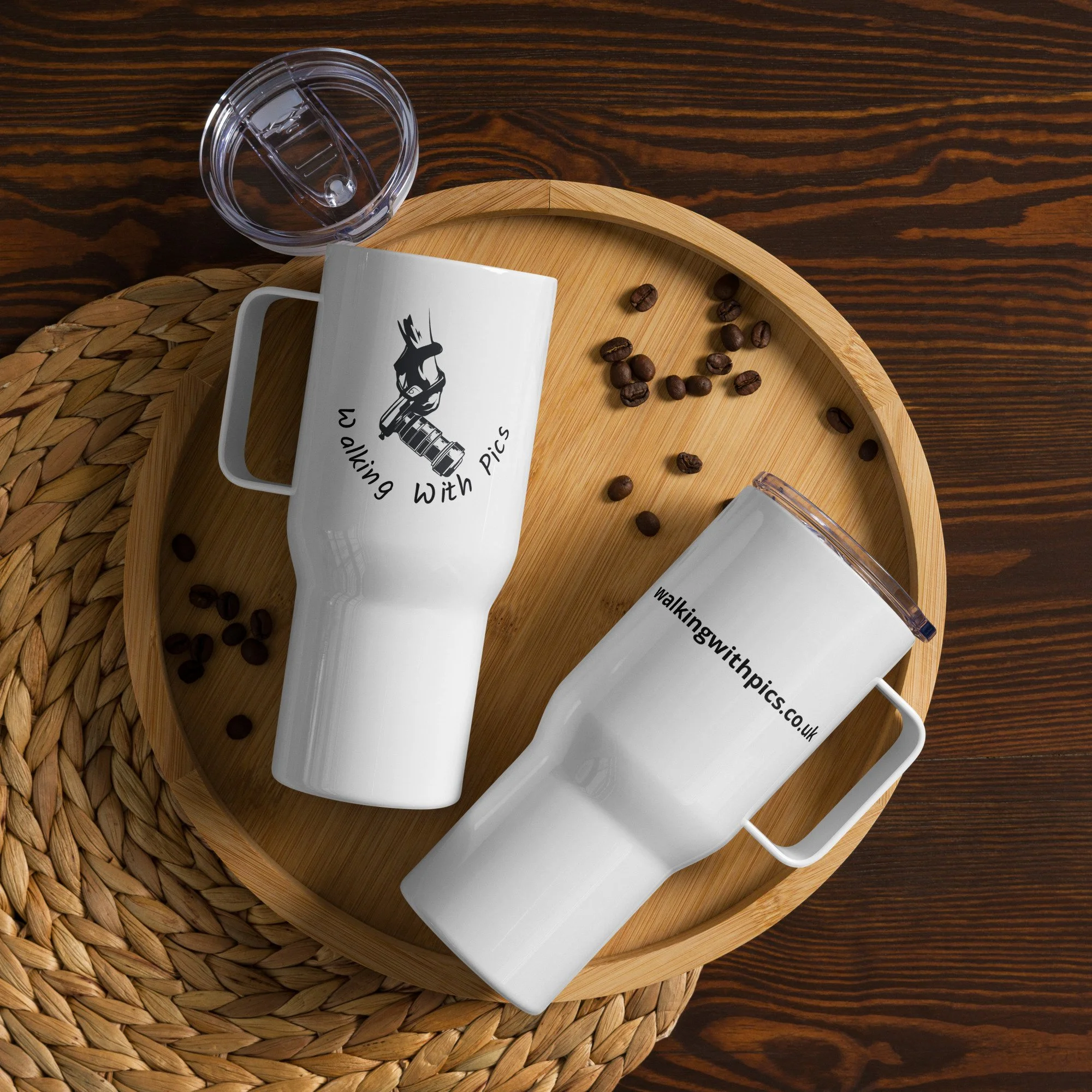 Walking With Pics travel mug with handle, featuring the Walking With Pics logo and text design.
