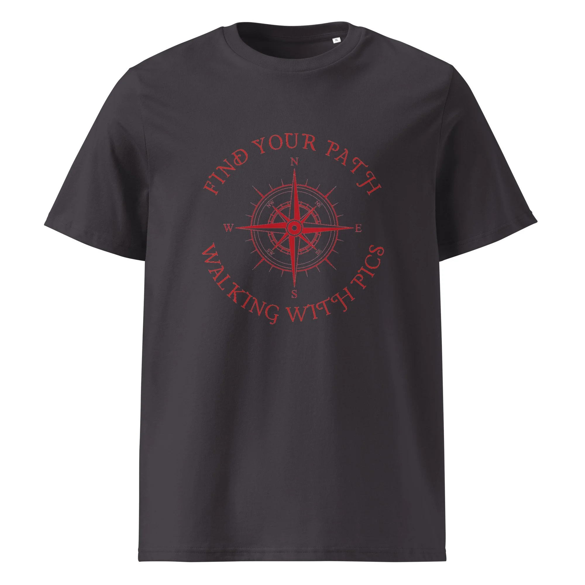 Find Your Path unisex organic t-shirt from Walking With Pics in black, featuring a compass rose graphic and curved text design.
