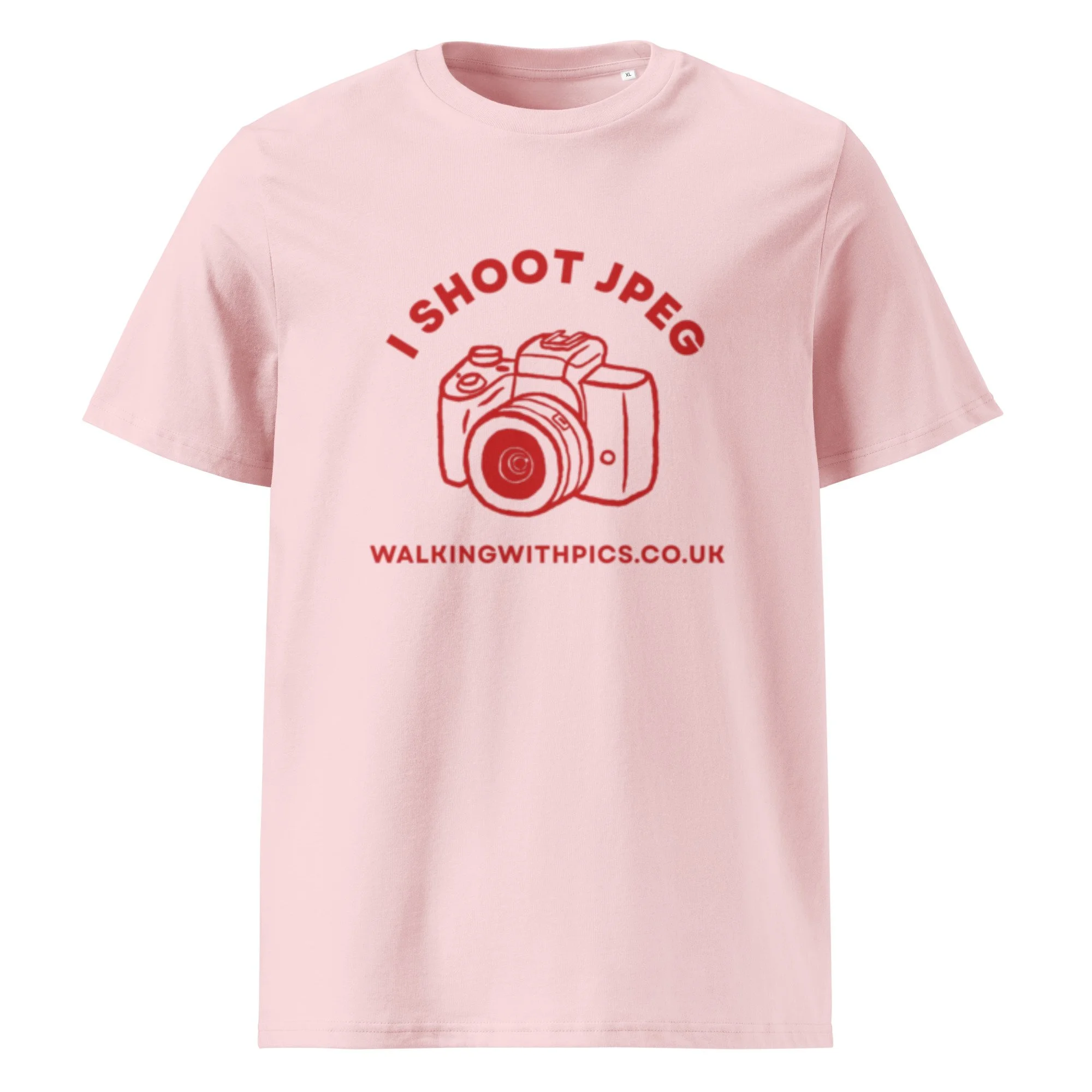 I Shoot JPEG unisex organic t-shirt from Walking With Pics in pink, featuring a camera graphic and bold I Shoot JPEG text design.