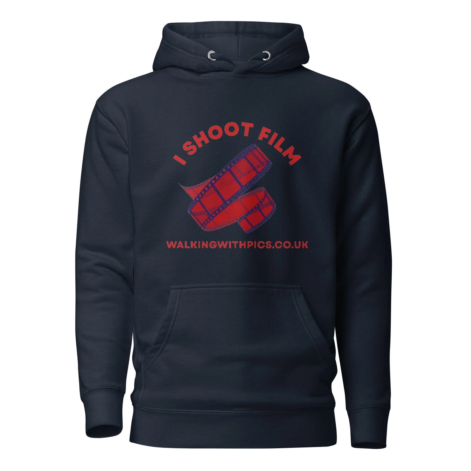 I Shoot Film unisex hoodie from Walking With Pics in black, featuring a film reel graphic and bold I Shoot Film text design.