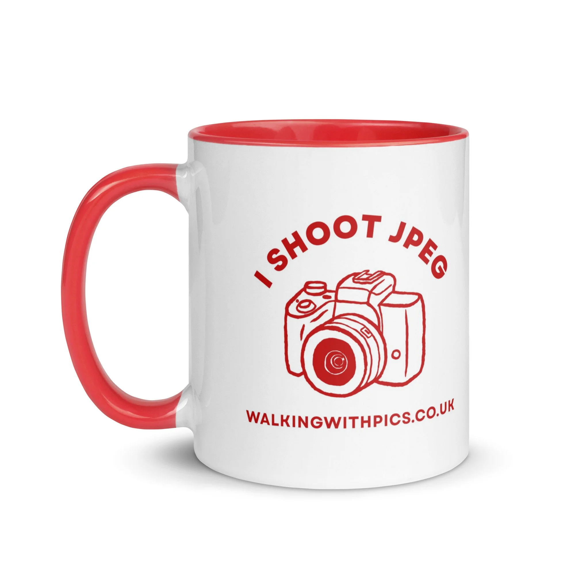 I Shoot JPEG colour accent mug from Walking With Pics, featuring a camera graphic and bold text design with a red handle and inner colour.