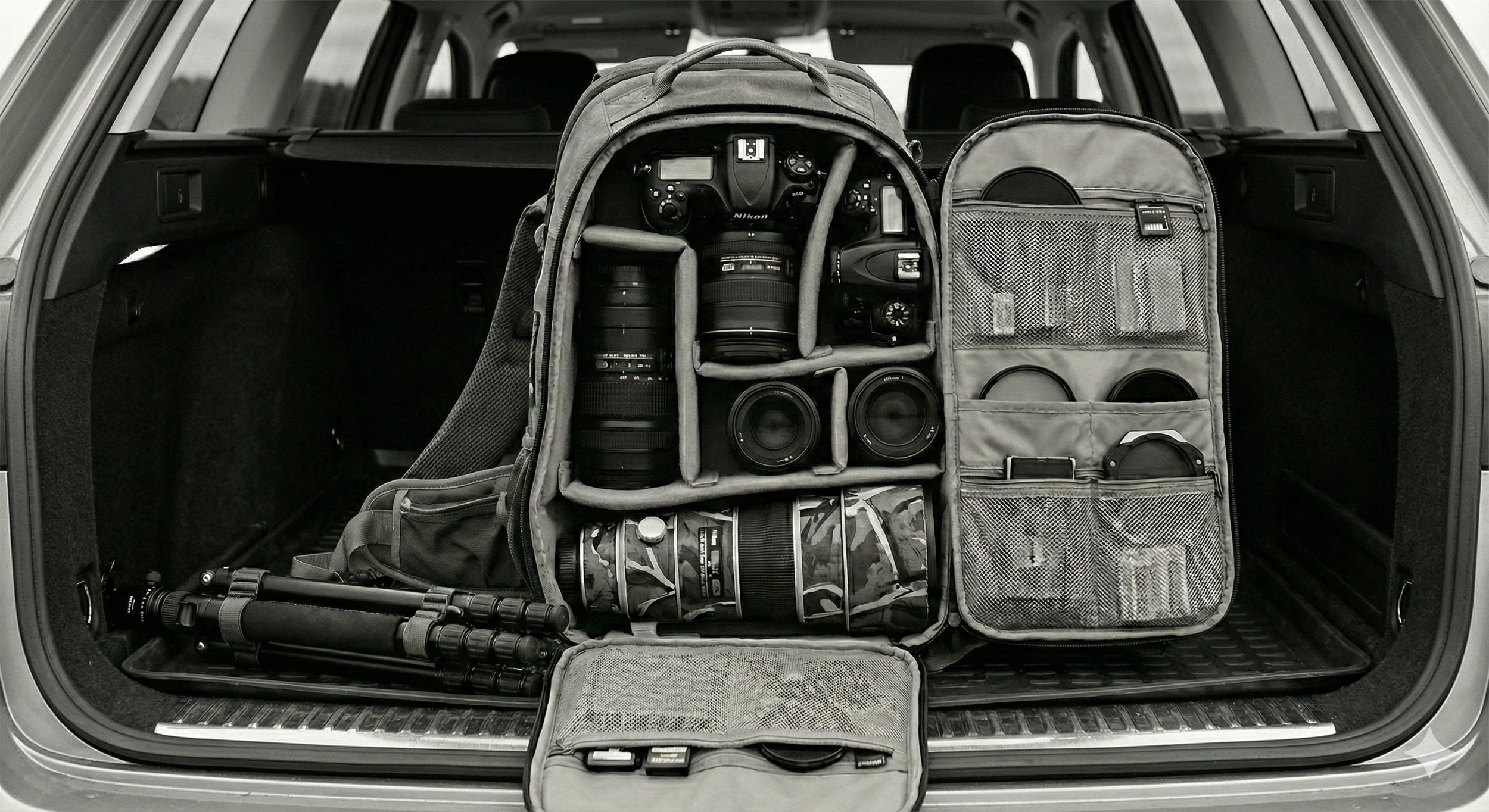 Black and white photograph of a large camera rucksack opened in the boot of a car, showing multiple lenses, camera bodies and a tripod.