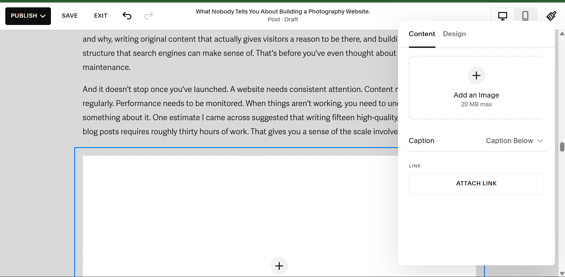 an image showing a squarespace blog being created