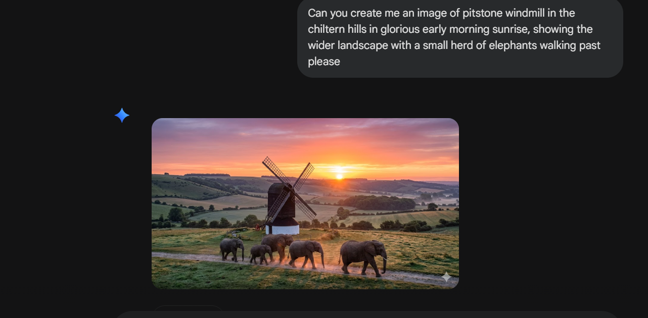 an AI generated image of Pitstone Windmill in the Chiltern Hills during a sunrise with a small herd of elephants walking past.