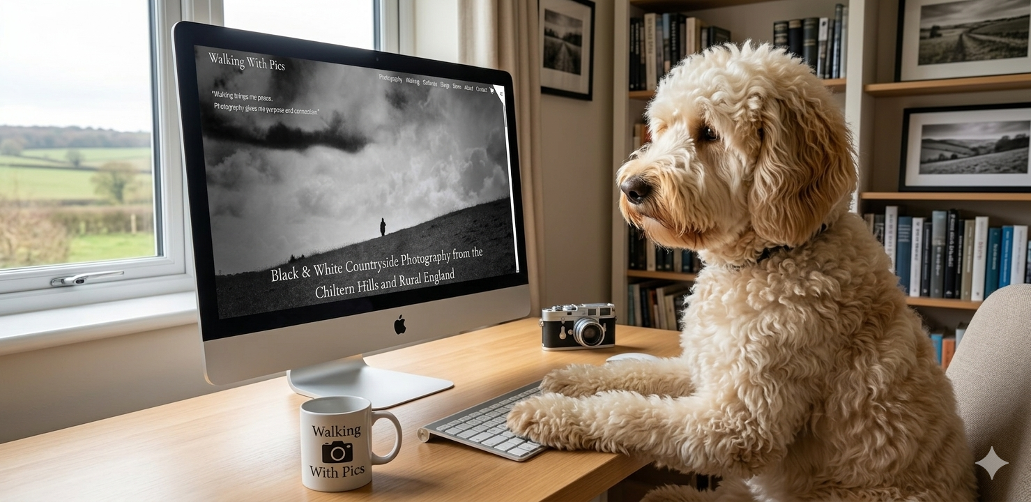 an ai generated image of a  golden doodle dog sat at a desk working so he can go for a walk quicker