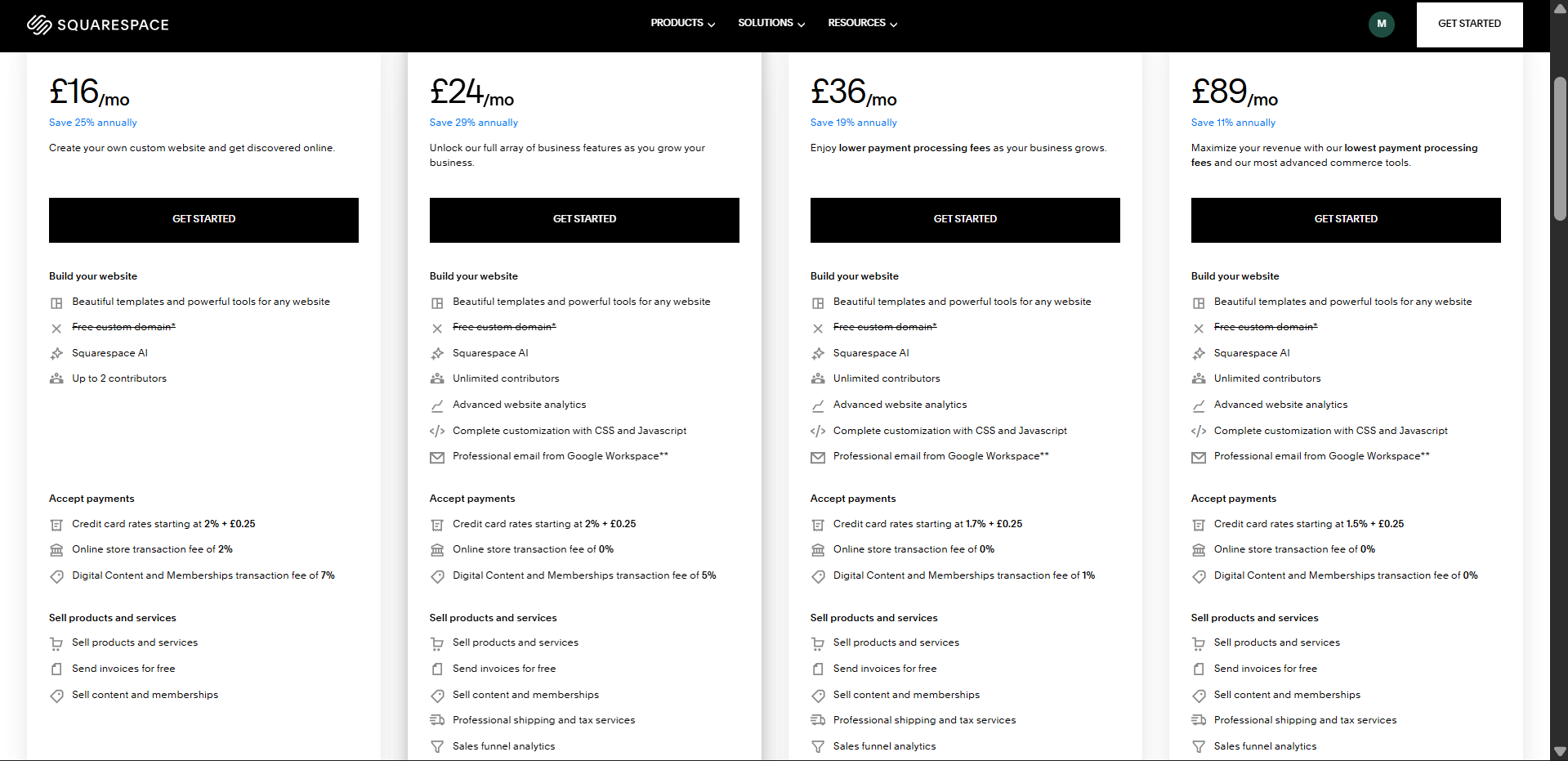 an image showing squarespace pricing page