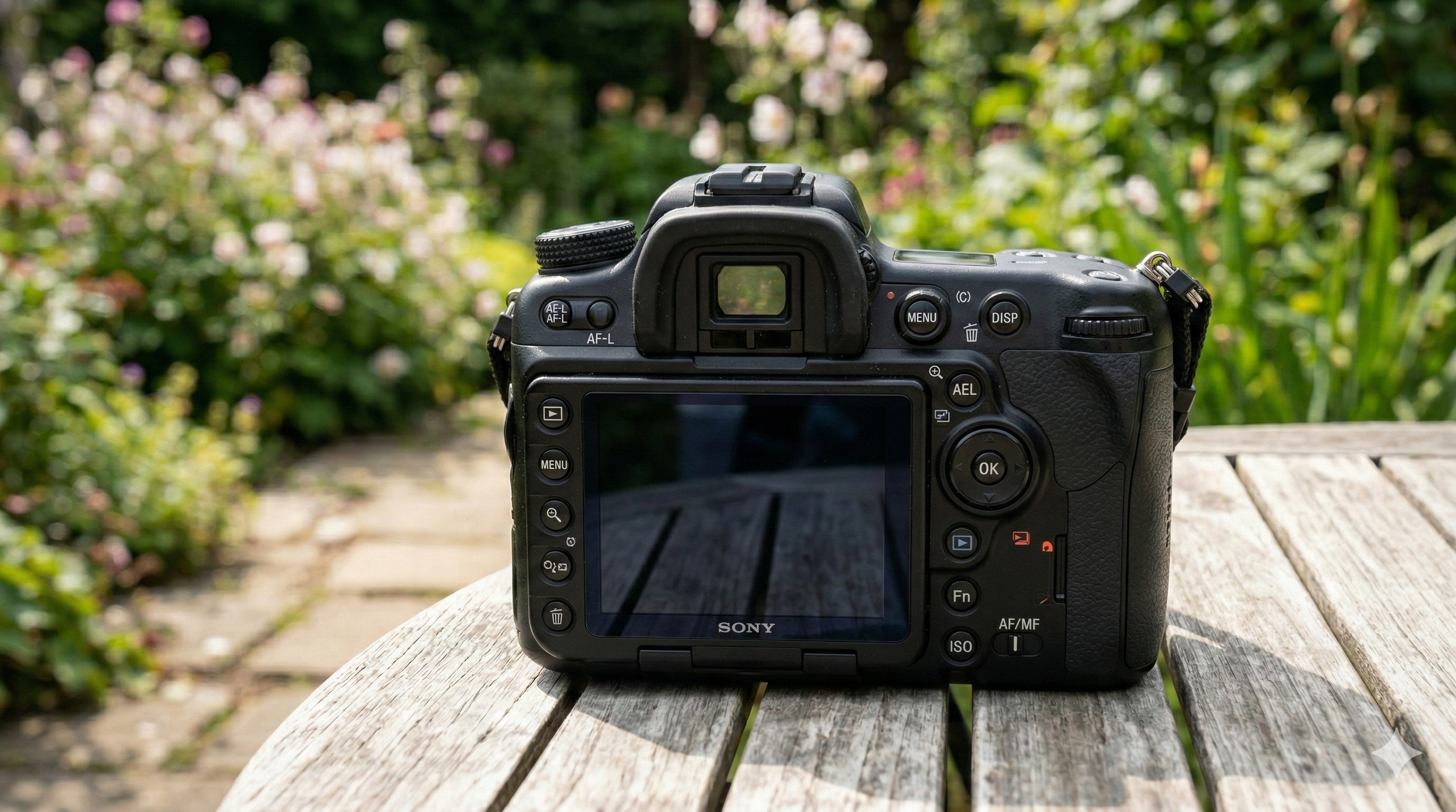 Sony Alpha A700 rear view showing the direct button layout, viewfinder, and rear screen on a wooden garden table